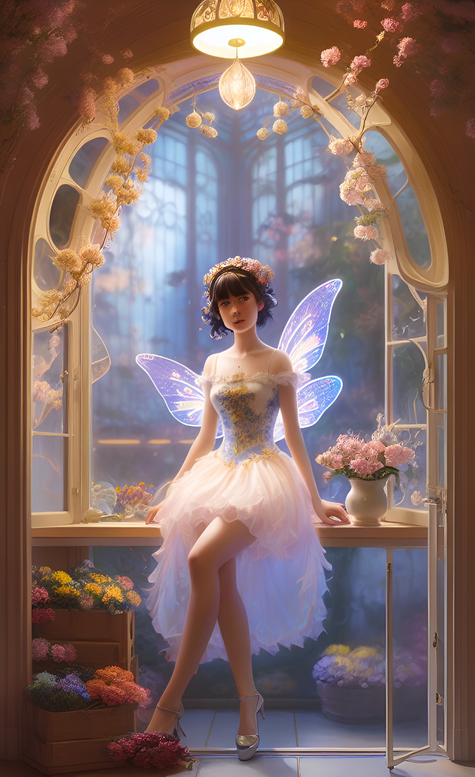 cute little fairy in a bakery full of flowers, art nouveau, rim light, warm glowing sunlight flowing into the room preview