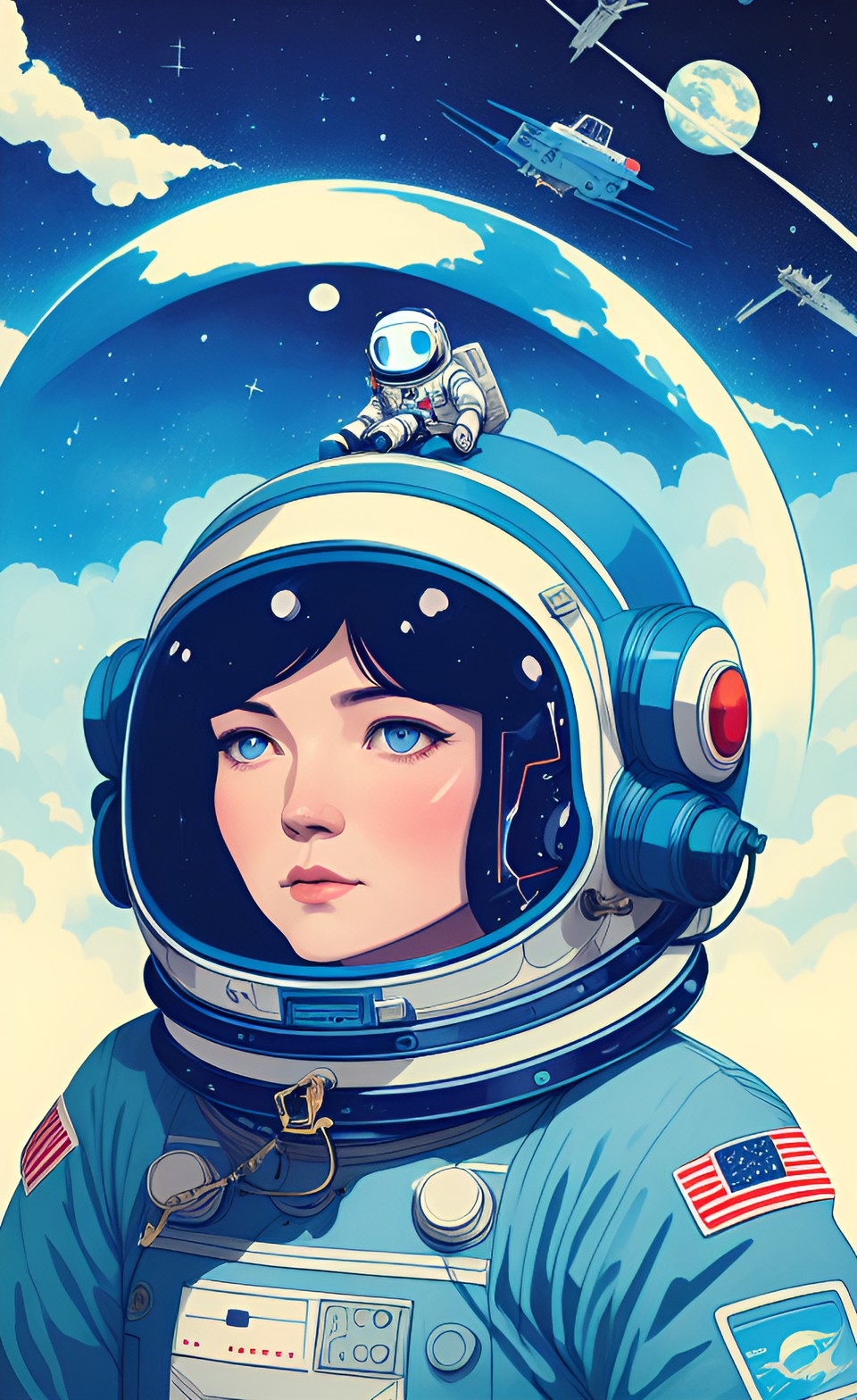 mulher realista, curva física, olhos azuis, astronauta preview