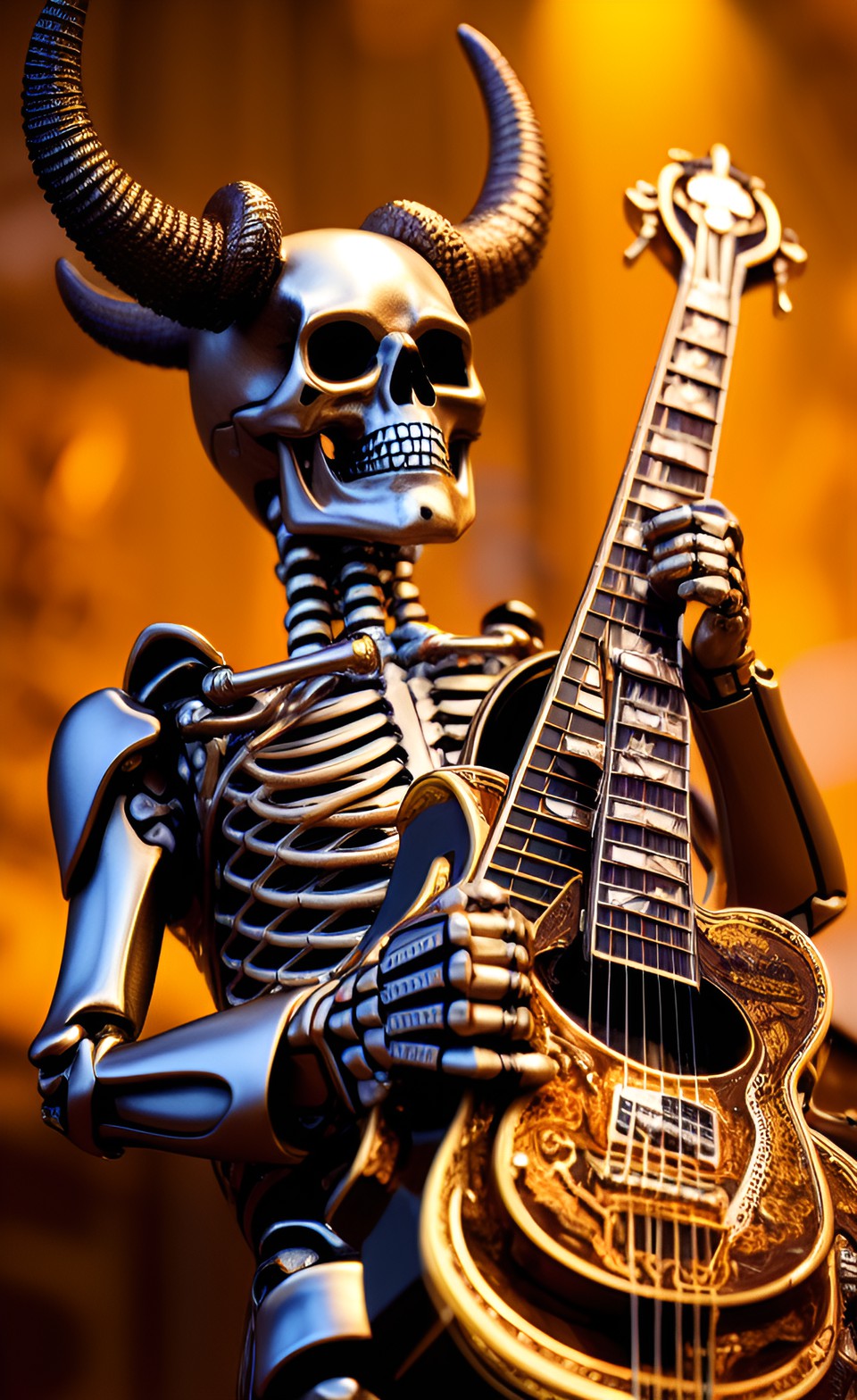 skeleton with horns playing on golden guitar, 3d, high details preview