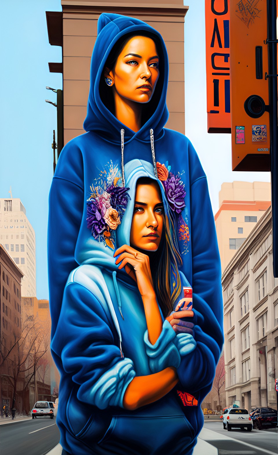 pretty woman wearing blue jeans an an oversized hoodie waiting to cross the street preview