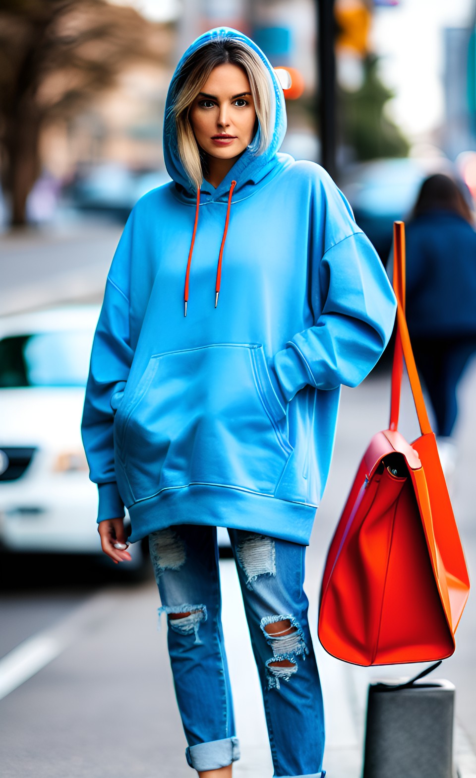 pretty woman wearing blue jeans an an oversized hoodie waiting to cross the street preview