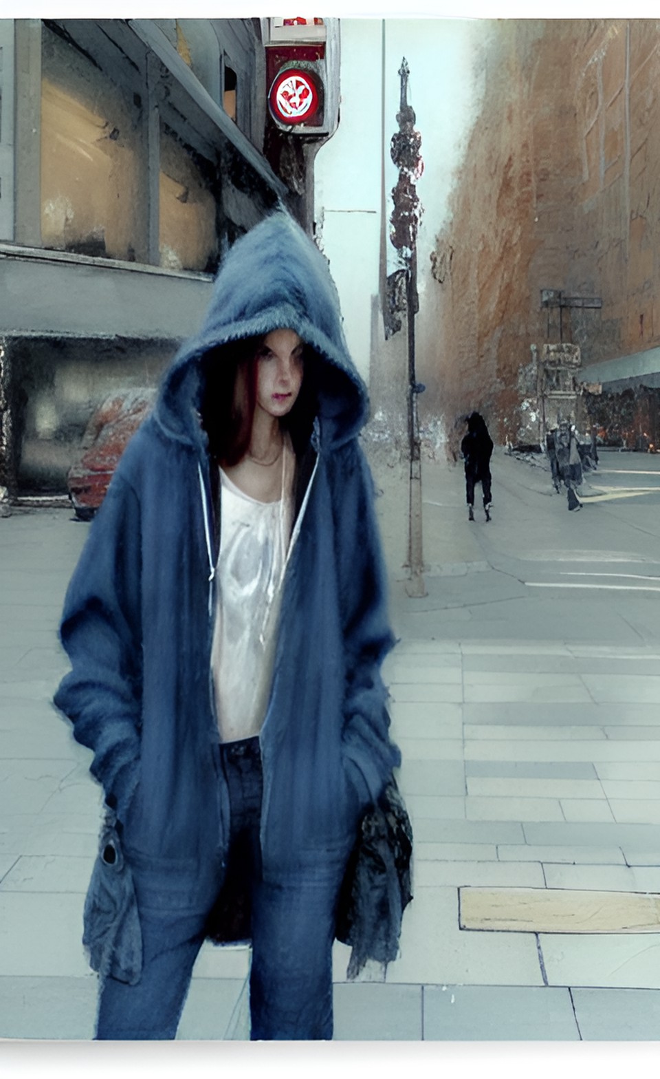 pretty woman wearing blue jeans an an oversized hoodie waiting to cross the street preview