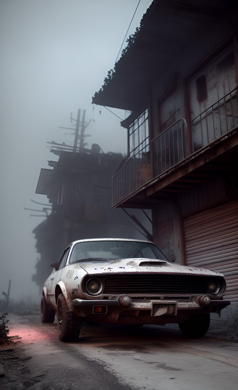 post-apocalyptic one car, very detailed, gloomy, very realistic. eerie  gradient, dark, foggy, mystical, magical, 4k, 8k ultra, 3d preview