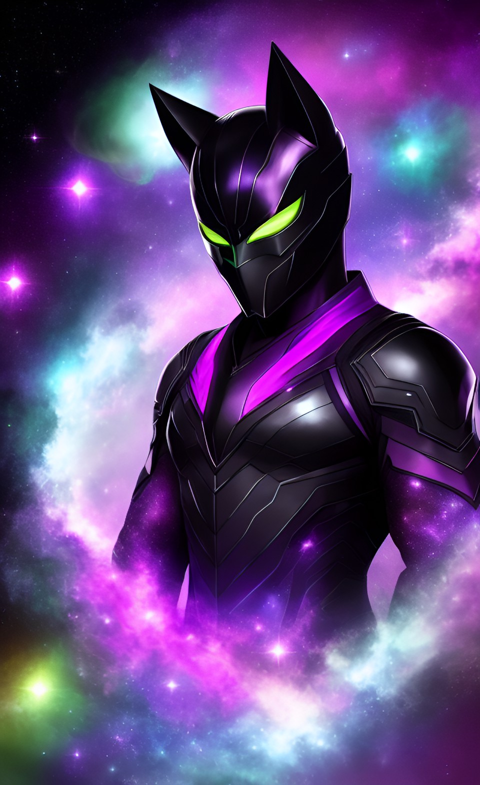 New Astrocat - handsome catmen with black mask, galaxy in the background, purple, green and white lights preview