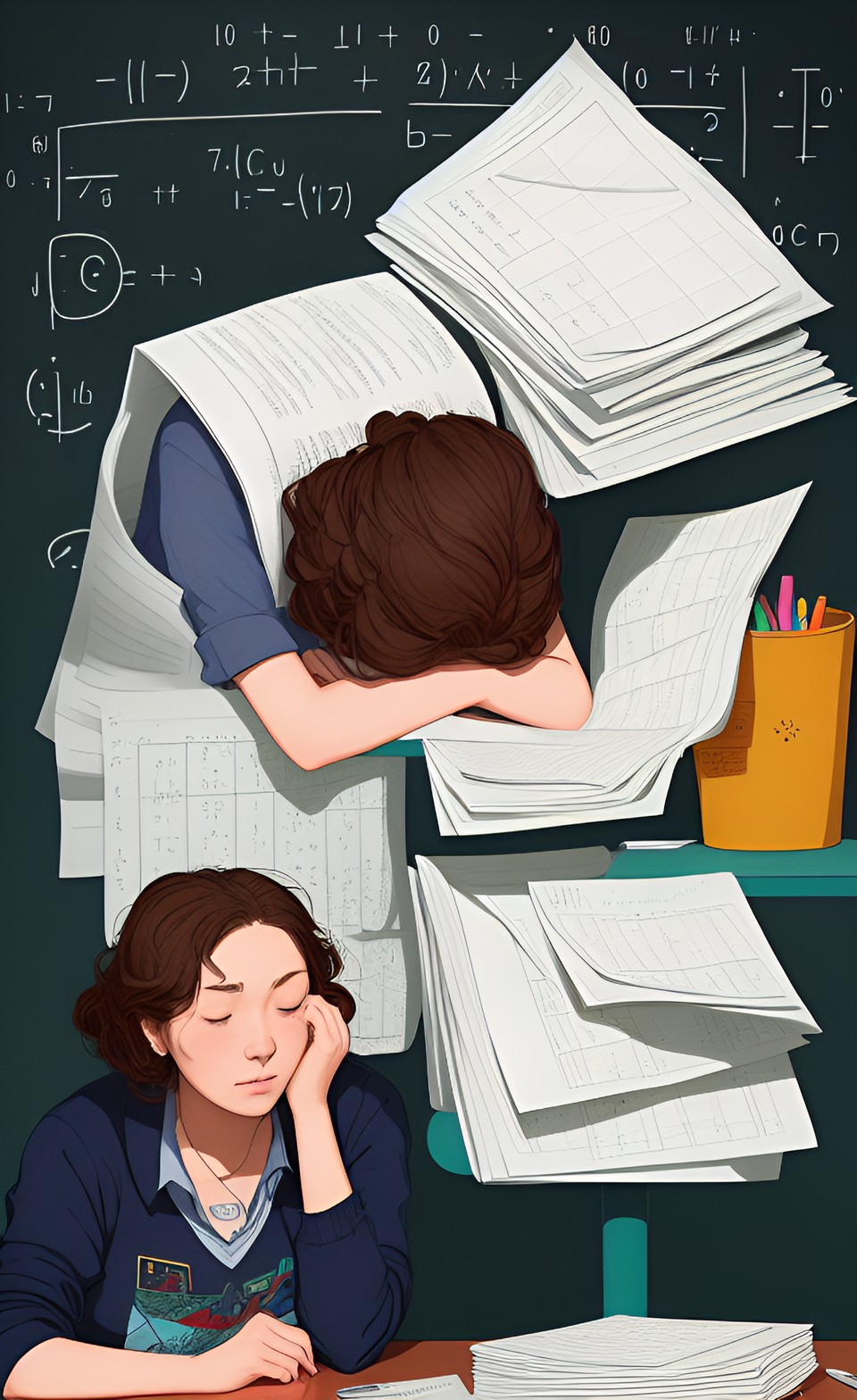 Burn out - woman slumped on a pile of papers. math equations on chalk board behind. brown hair preview