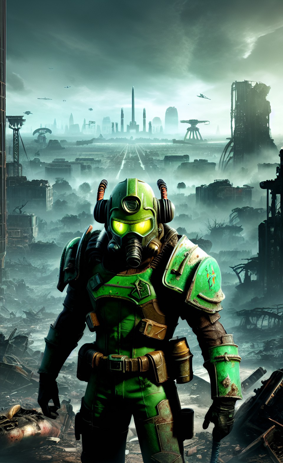 close up of a green mutant from fallout 4 with a destroyed city in the background preview