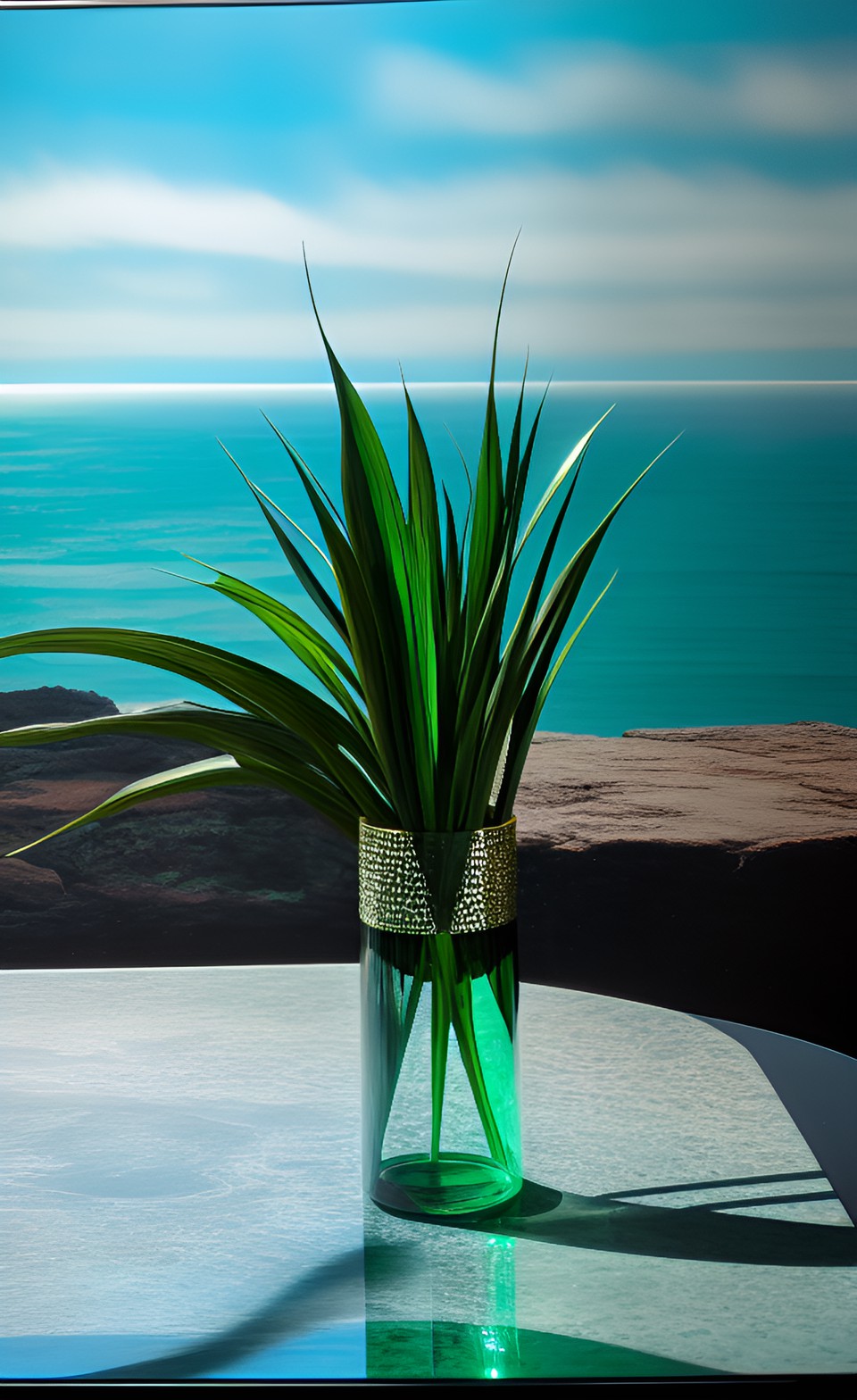 emerald green vase on table,ocean in background,reflective smooth surface,breathtaking artwork,cintamatic,epic scale,highley detailed, cintamatic light,16k preview