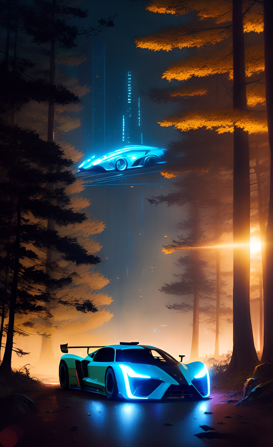 cyberpunk hypercar in the forest , night preview