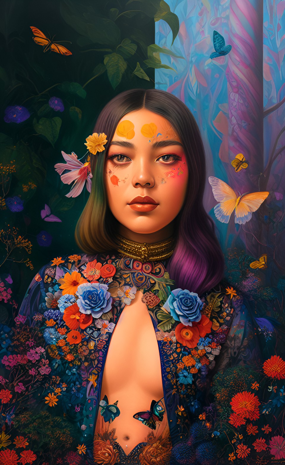 portrait of the digital influencer aureta, with flowers on her head, colors, mandala realistic, 4k, ultra-detailed preview