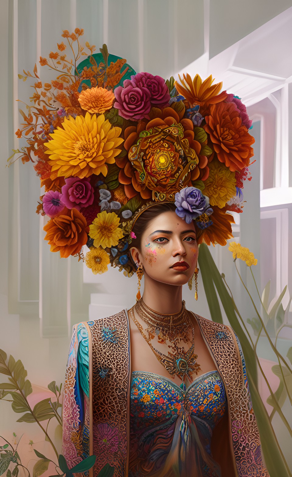 portrait of the digital influencer aureta, with flowers on her head, colors, mandala realistic, 4k, ultra-detailed preview