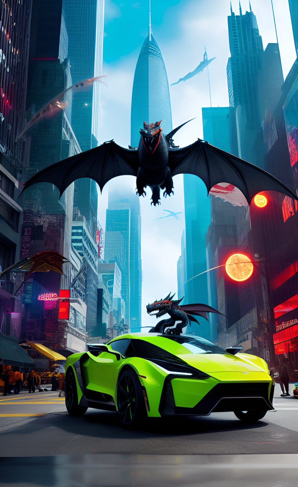 an aggressive dragon in a futuristic city with flying cars preview