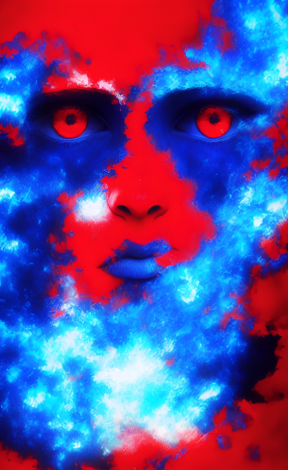 le visages de l’espoir entouré de flamme bleu contre le chaos sombre et rouge de droite preview