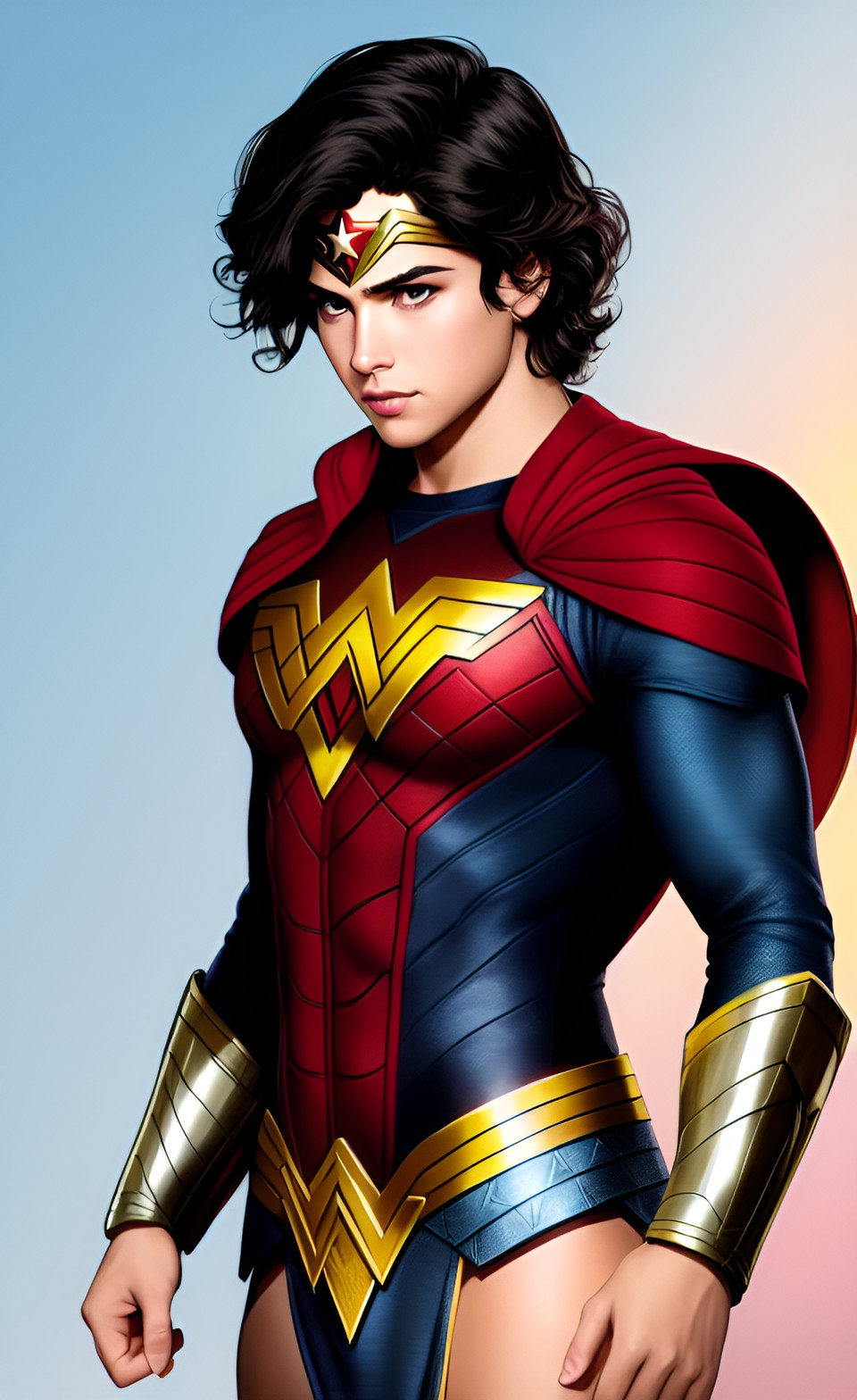 un jeune homme dans le style de wonder woman , cheveux courts, dessin style marvel preview