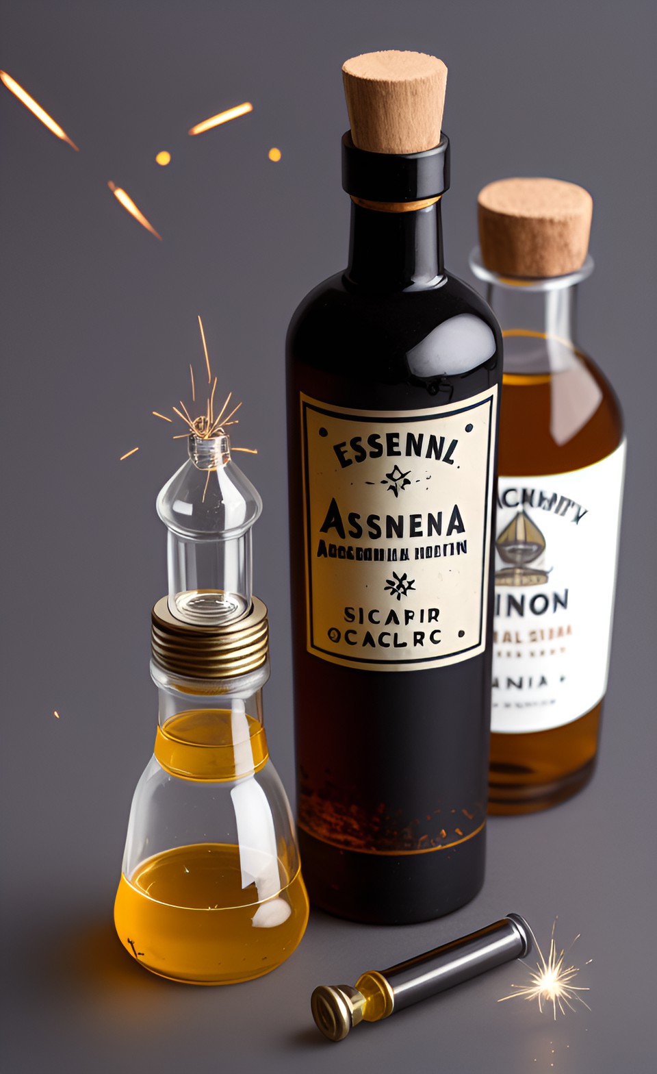 Last Call - logo for arsenic on old fashioned bottle with stopper, small sparks inside bottle ￼ preview