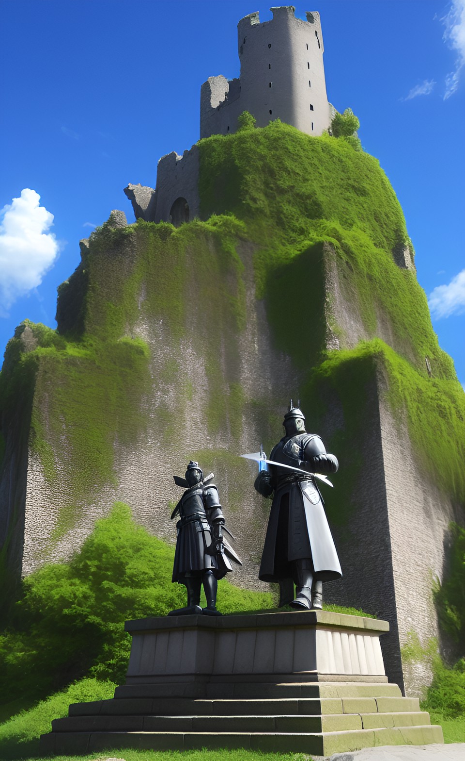 ruined Castle statue - ruined castle, anime,  two statue holding swords preview