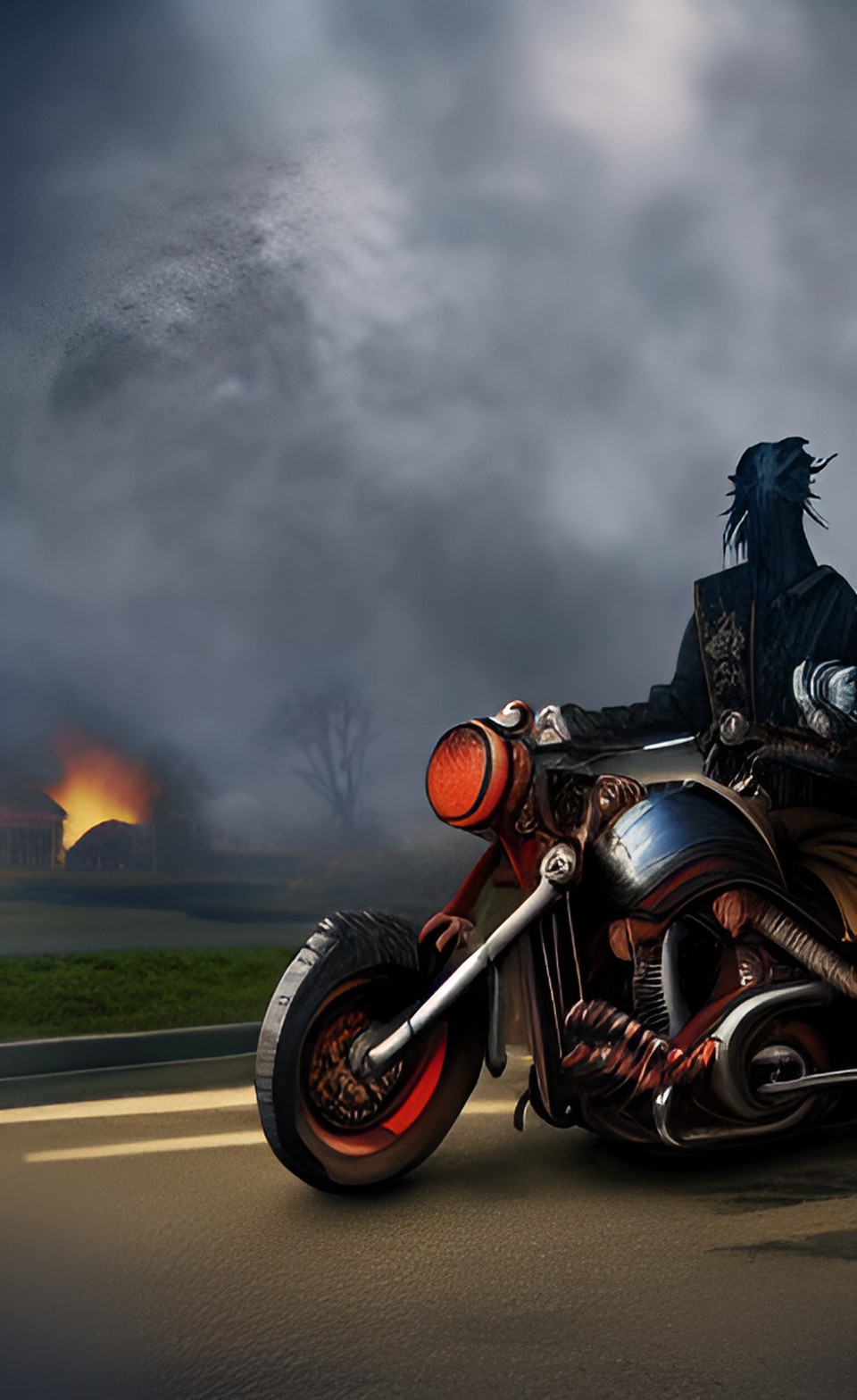 skeleton on fire on top of a motorcycle preview