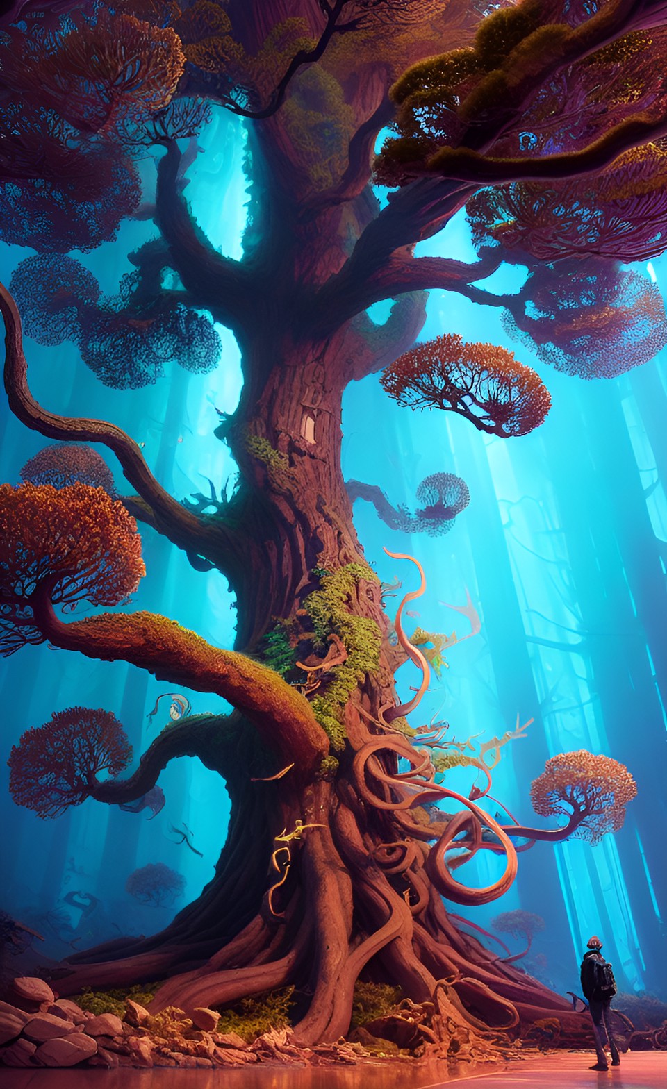 giant squid tree; squid made of wood; bioluminescent; ultrarealistic; 8k; high definition; full of details; sharped image; preview