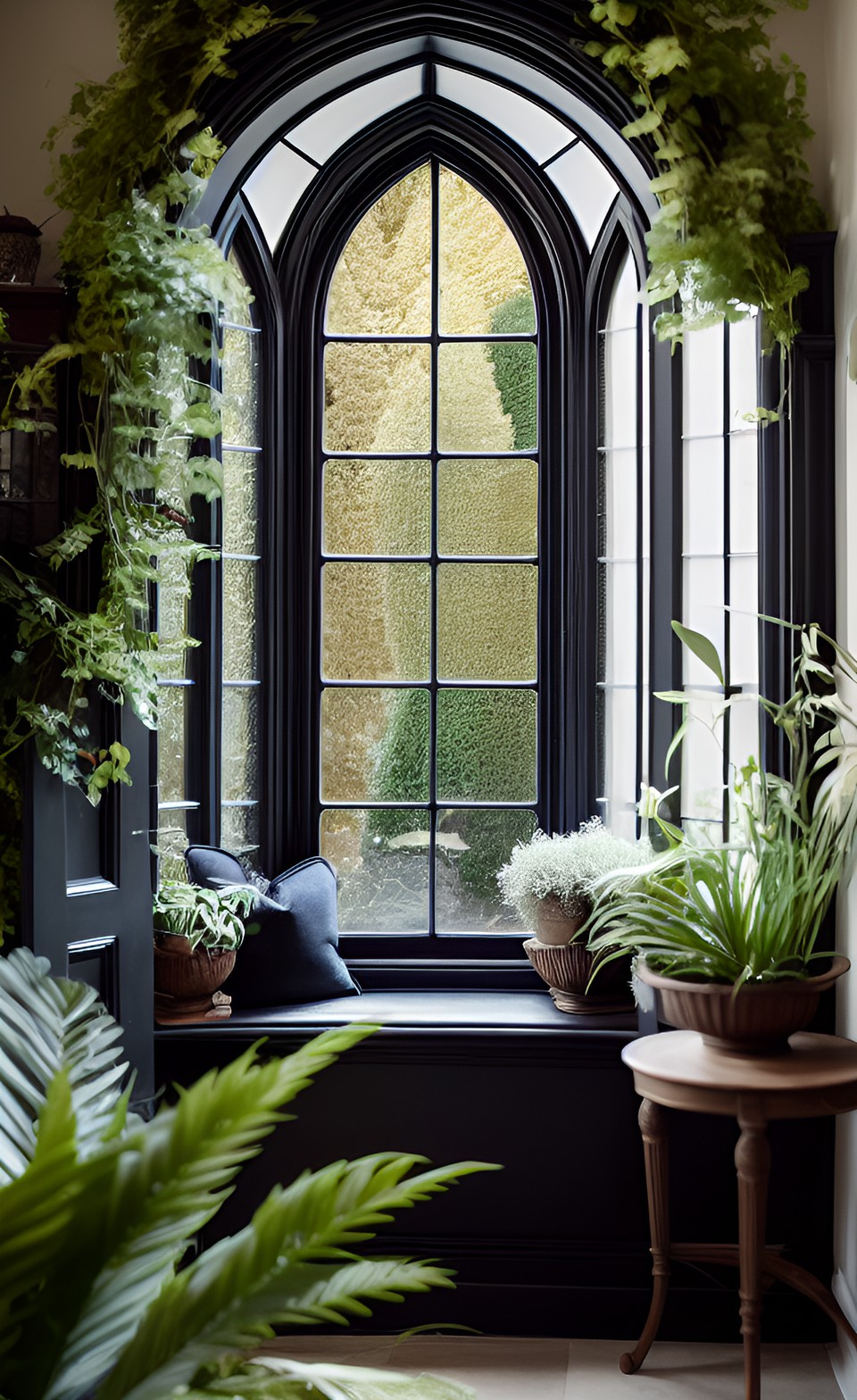 round goth window, sitting room, luxury furniture, plants, dark, goth, goth aesthetic, witch, witch aesthetics, hogwarts, wednesday, luxury home preview