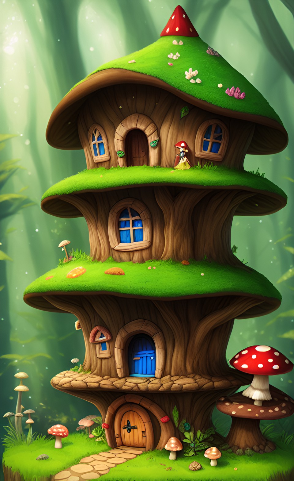 a fairy in a forest with a mushroom house preview