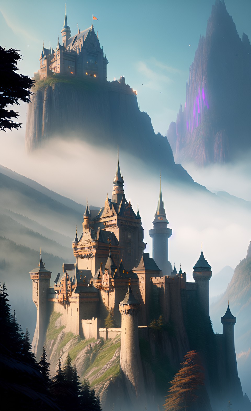 a castle surrounded by misty mountains preview