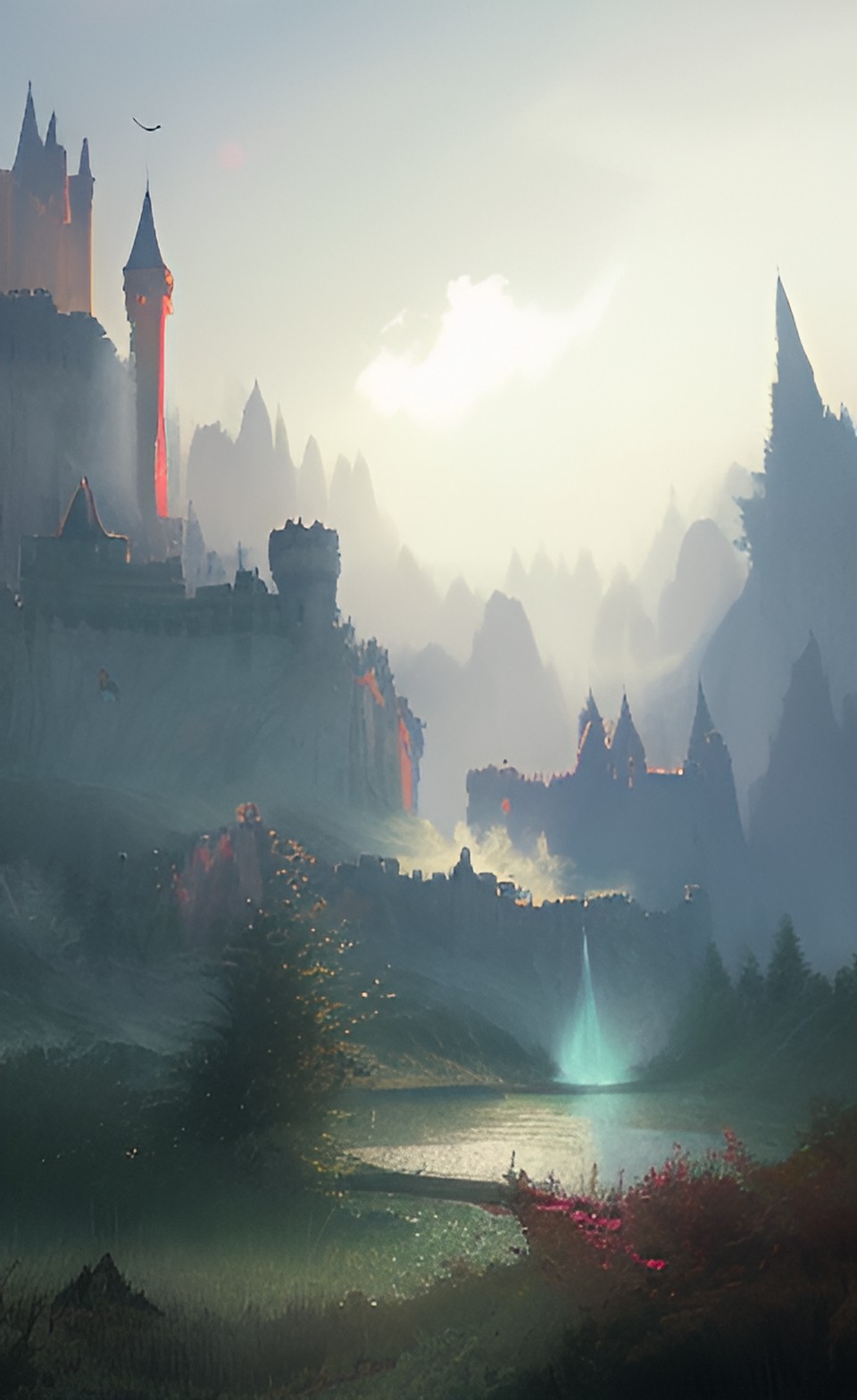 a castle surrounded by misty mountains preview