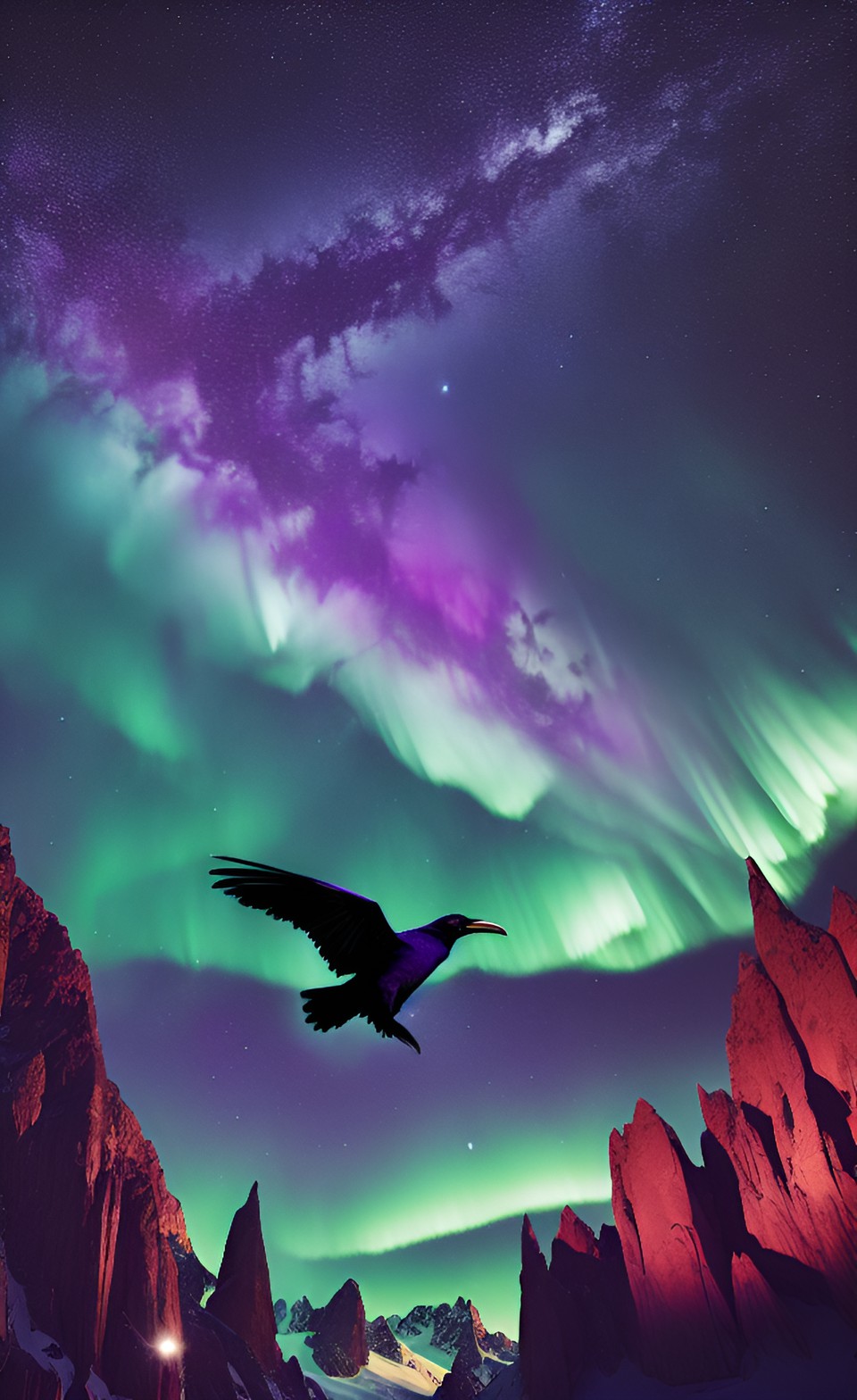 ravens flying night time in the mountains with a billion stars and the moon with rivers and mountains with aurora borealis preview