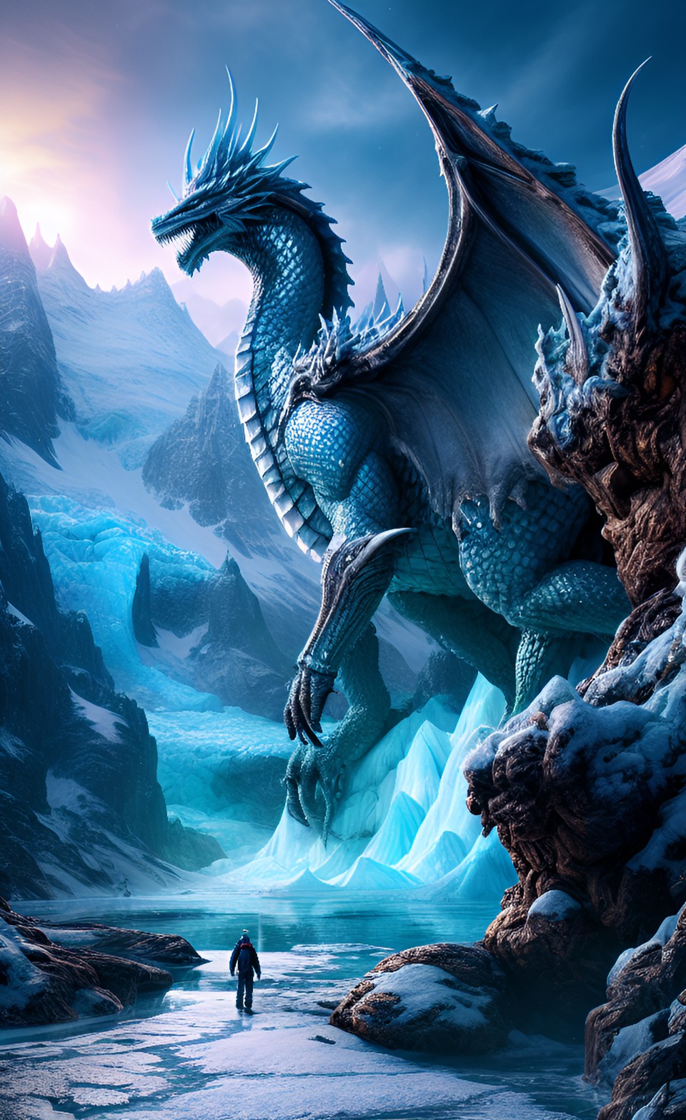 Last Witness - render + 4k hdr + intricate detail - fantasy setting - frost dragon emerging from a glacier - intricate landscape, location focus - episode scene preview