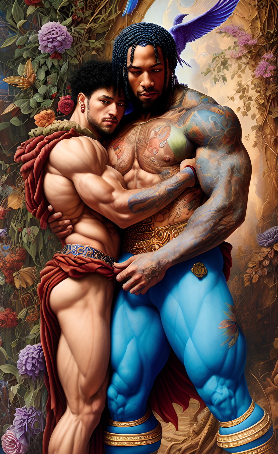 2 muscular men in love shirtless  hug medieval preview