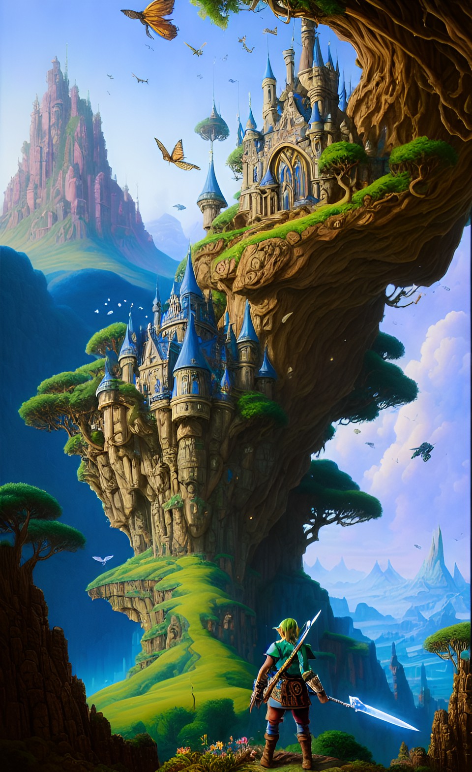 Land of Hyrule - the legend of zelda the land of hyrule with a excellent fantastical castle in the background looking upon a open valley with rocks and trees link himself with sword and shield and flying birds above preview