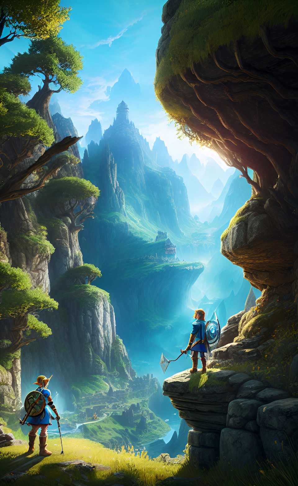 Zelda & Link Survey - land of hyrule the legend of zelda the with a fantastical castle in the background looking upon a open valley with rocks and trees small cave link himself with firing a bow and arrow on horse epona preview