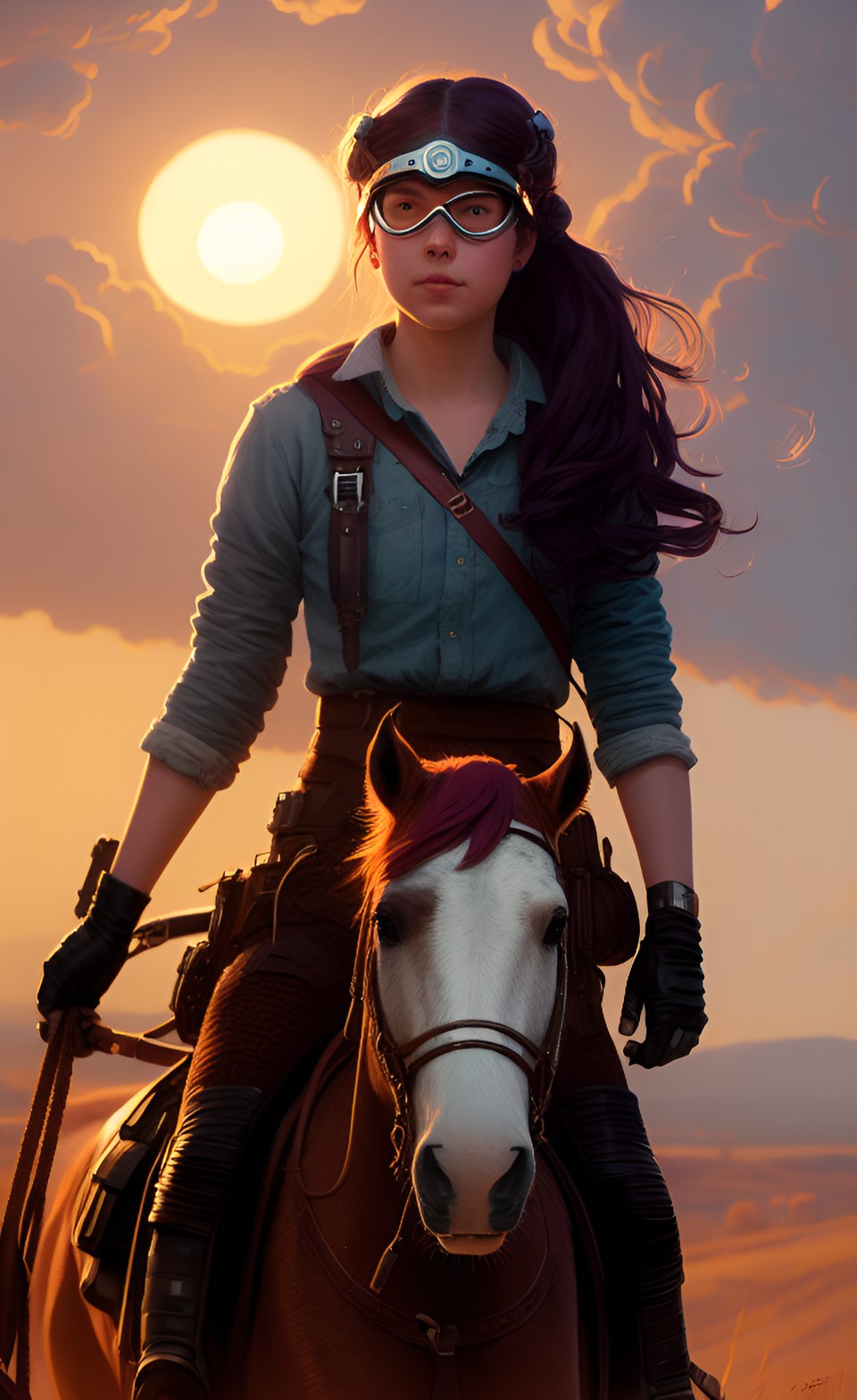 one woman goggles in hair riding horse pigtails sunset preview