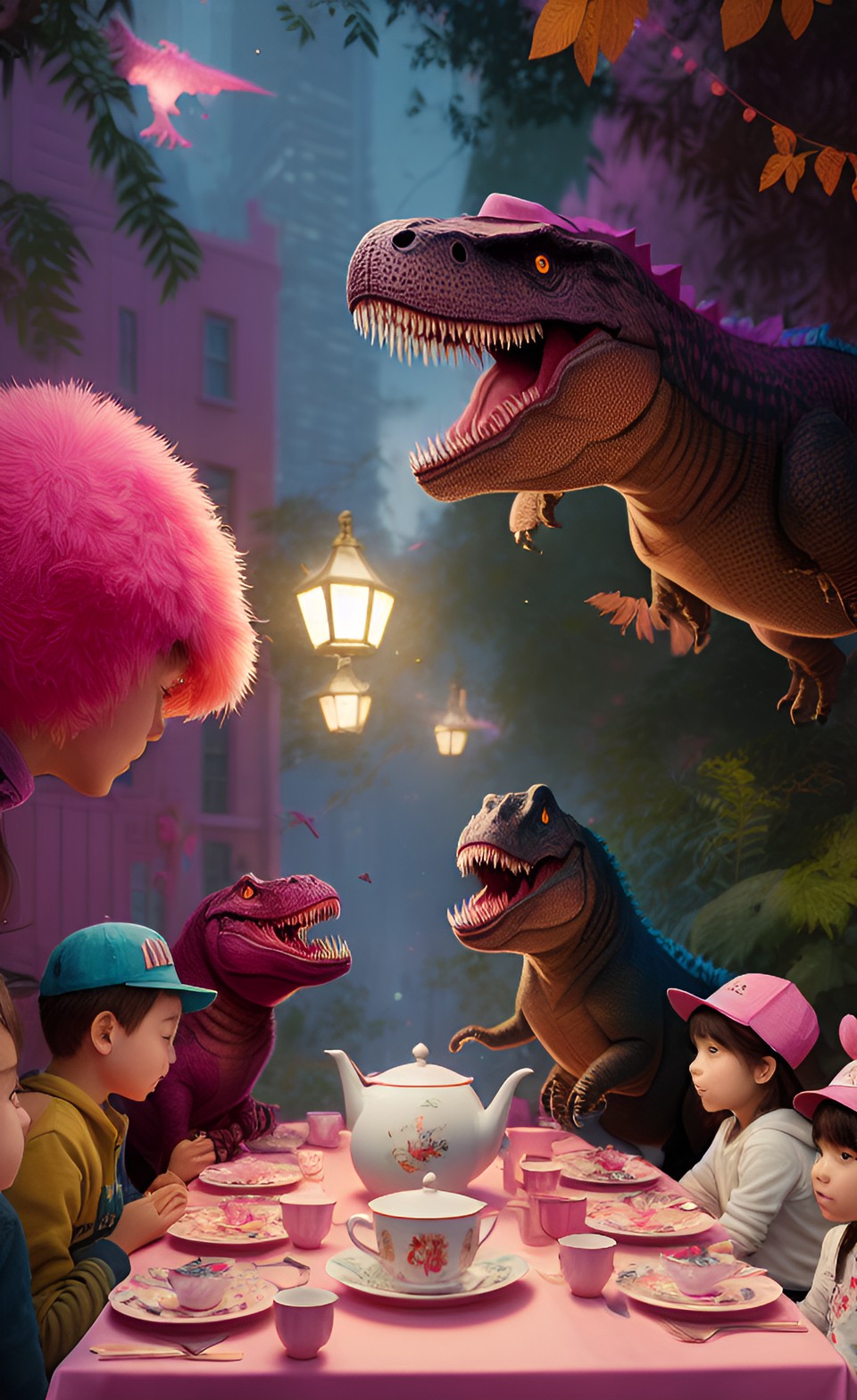 t-rex tea party with cute pink hats preview