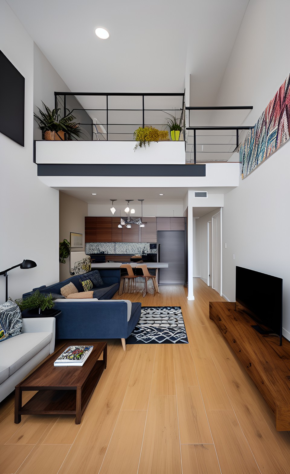 urban apartment open floor plan, wood or tile floor, modern eclectic decor preview