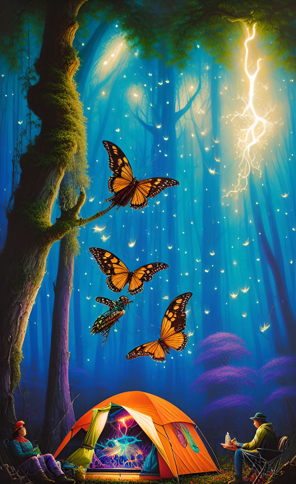 camping out in a magical forest lightning fireflies floating magic preview