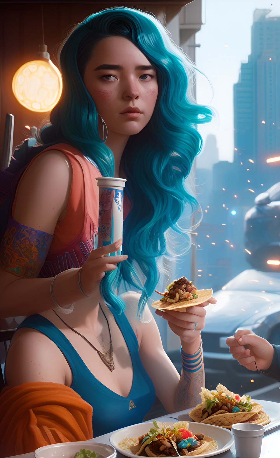 lore olympic blue hair woman eating tacos preview