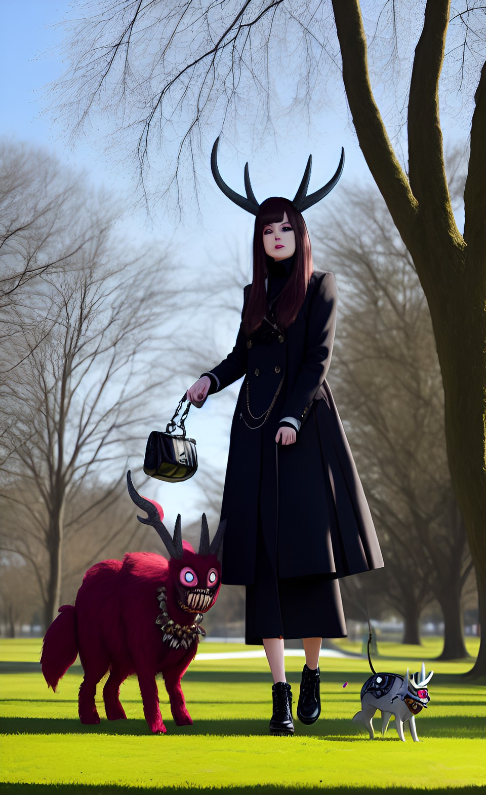 On a theme... - glamorous woman walking her hideous pet miniature wendigo in the park preview