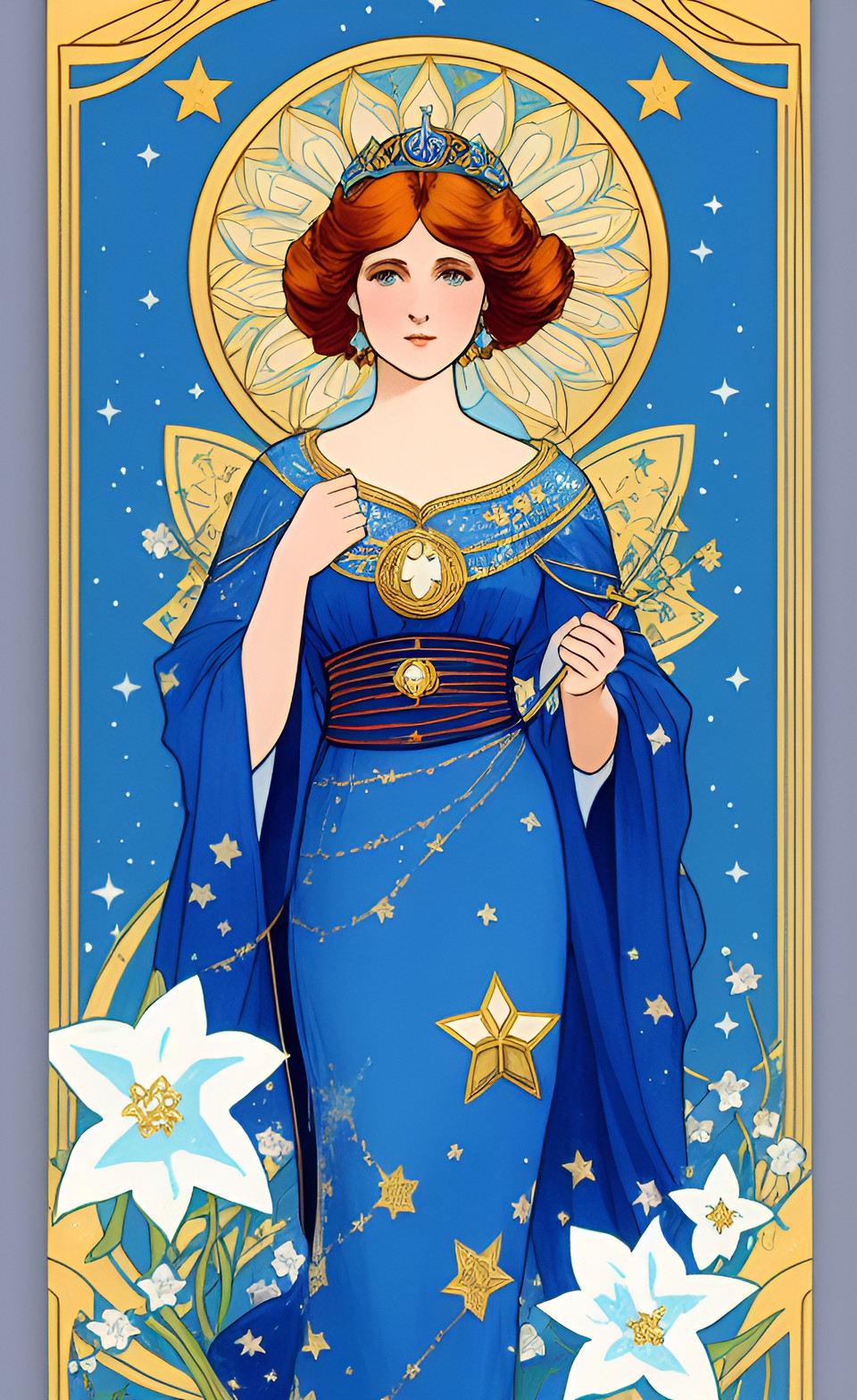 postcard image art nouveau, starlight princess in blue robes surrounded by  copper accents, gold stars, and white flowers preview