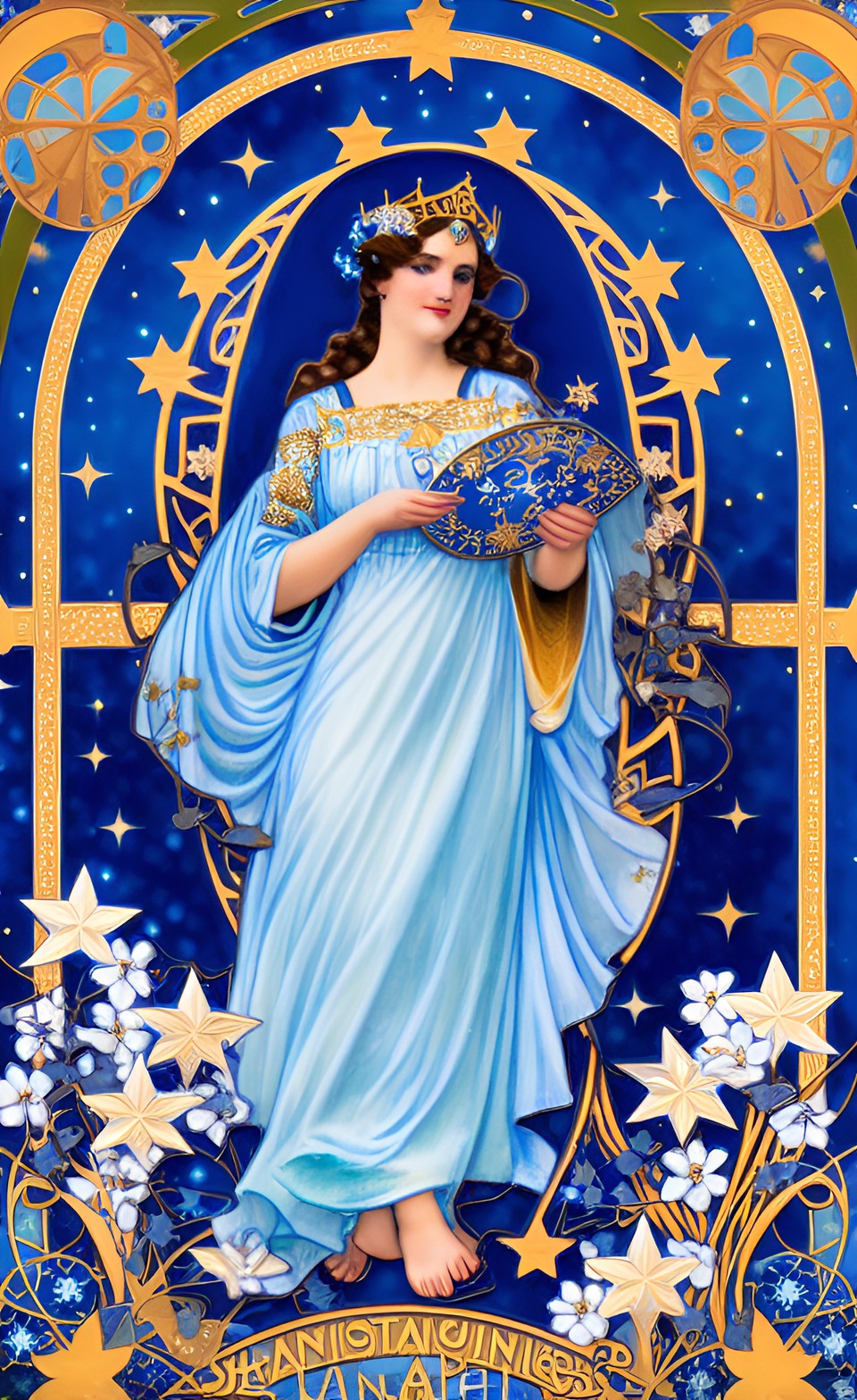 postcard image art nouveau, starlight princess in blue robes surrounded by  copper accents, gold stars, and white flowers preview