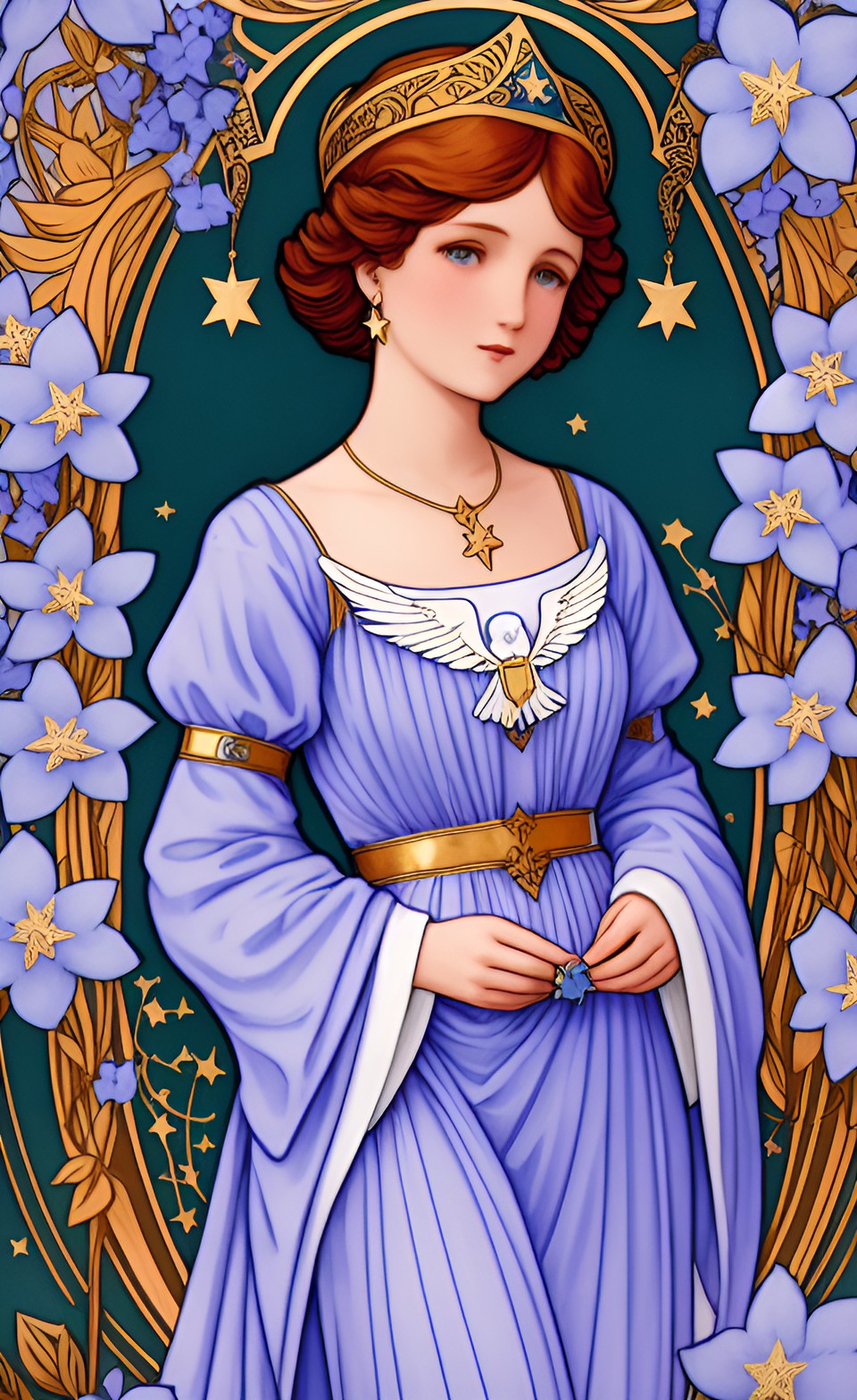 postcard image art nouveau, pretty angel in blue robes surrounded by  copper accents, gold stars, and white flowers preview