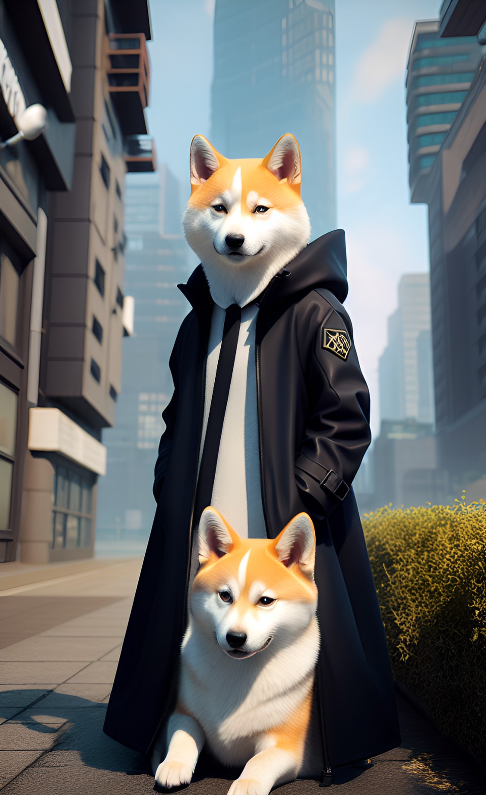 white shiba i y in black trench coat with pups and matrix in background preview