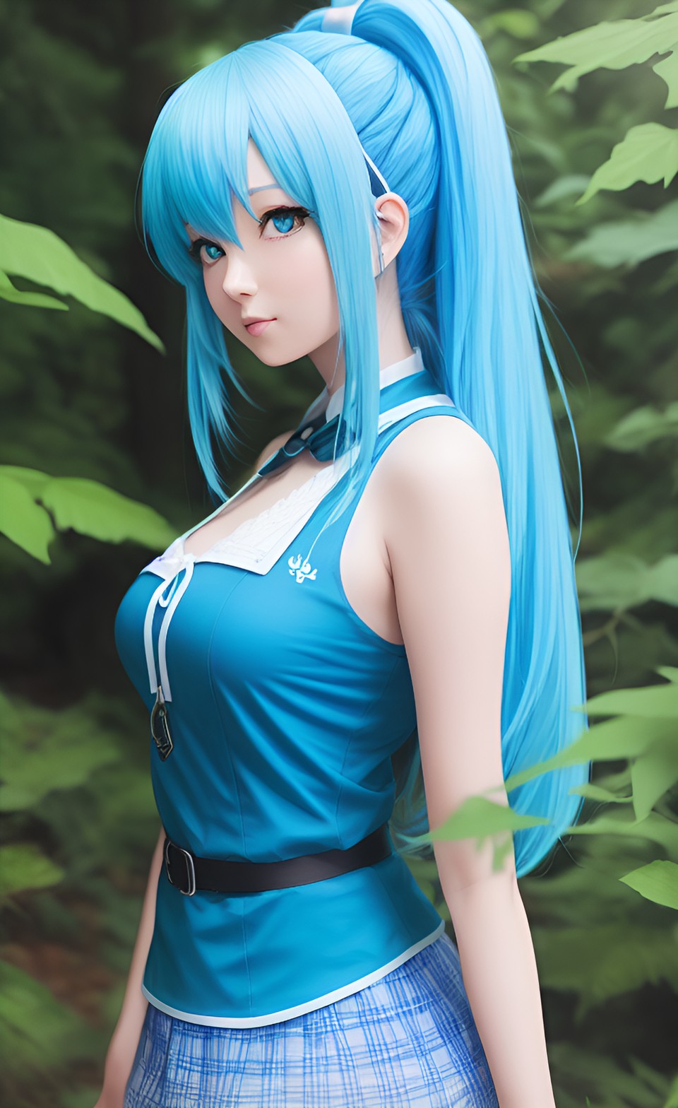 anime waifu with blue hair in forest preview