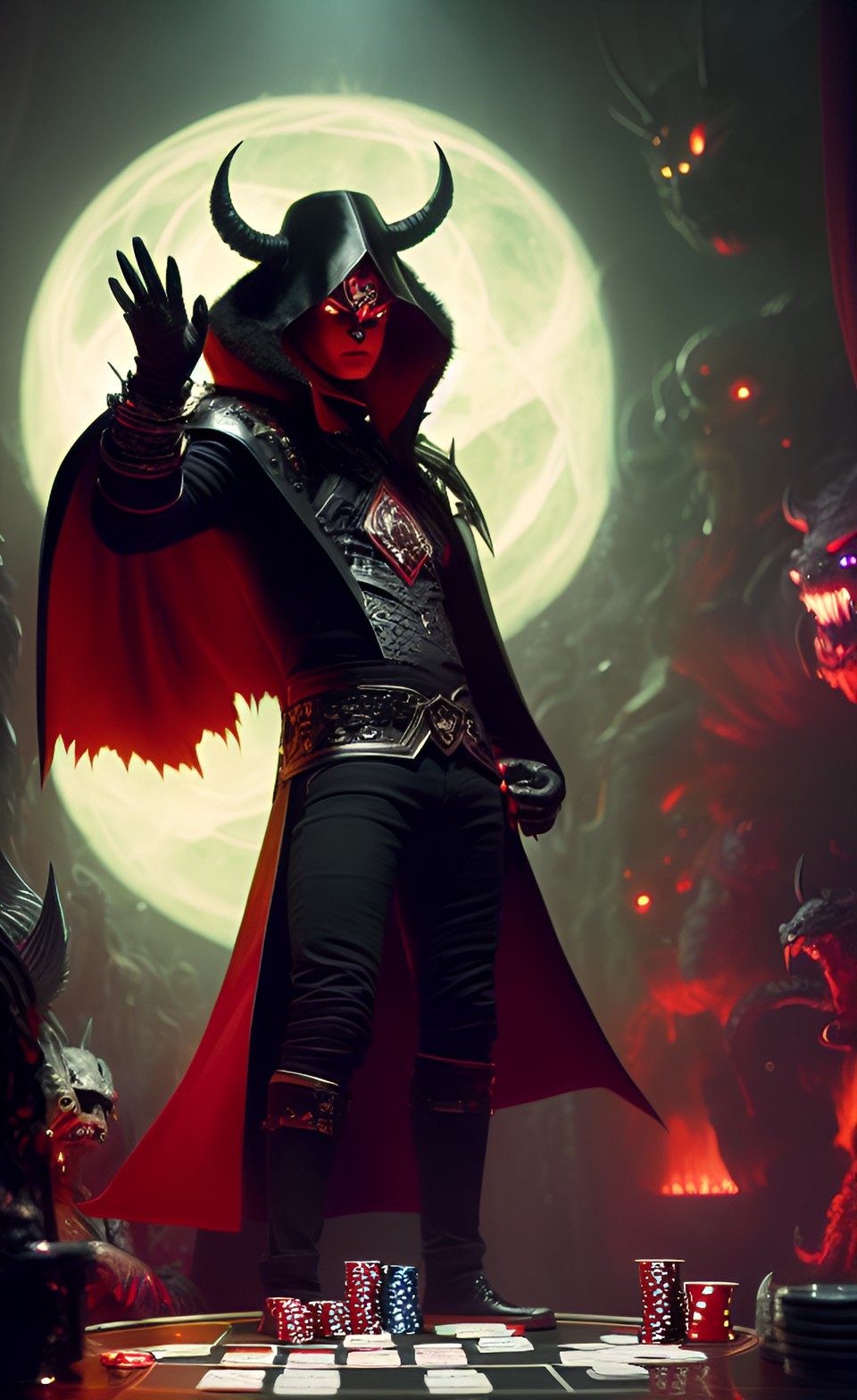 a black demon wearing a red glove in poker games with cosmic monsters of acid with lucifer, satan and antichrist in a black cape preview