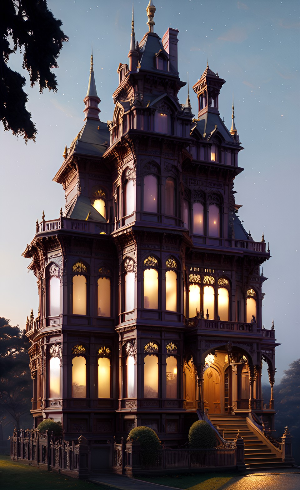 Italianate Victorian Mansion - grand dark italianate victorian mansion, intricate, fantasy, hyperrealistic, highly detailed, ornate, full color, hd, nightlight, moonlight preview