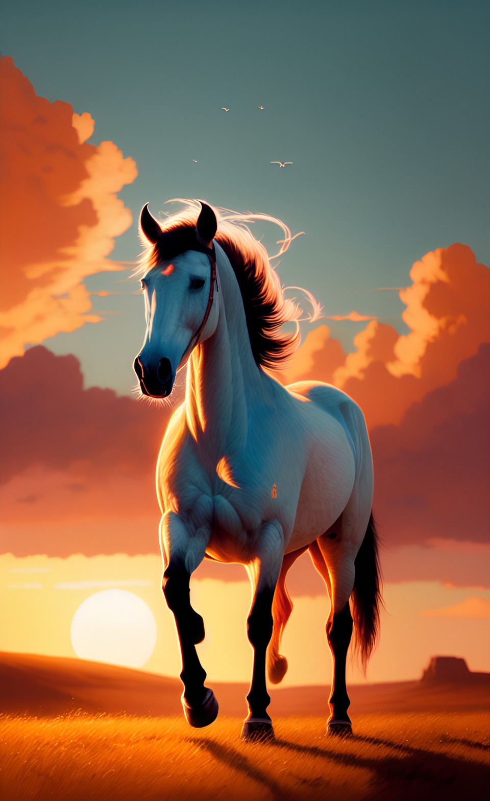 white horse running on the horizon, orange sunset preview