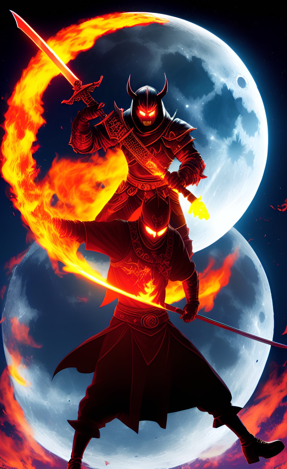 evil human demon on fire with sword under moon light preview