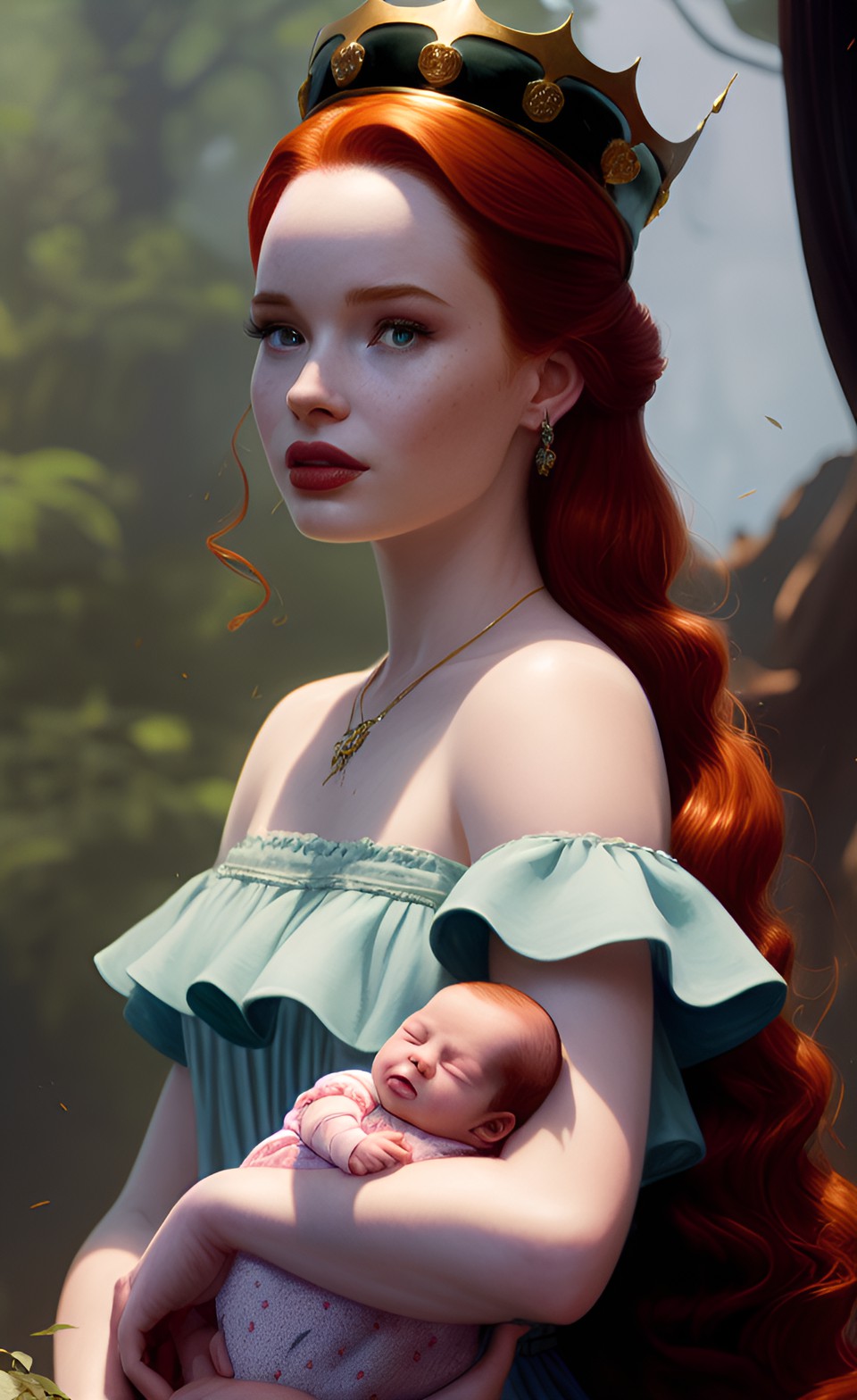 queen madelaine petsch with crown holding newborn vitiligo baby preview