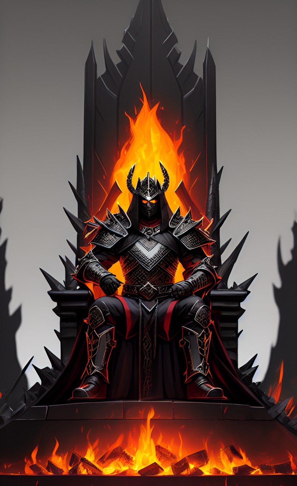 shadow lord, in black armor, seats on the fire throne from black stone with millions of nails preview