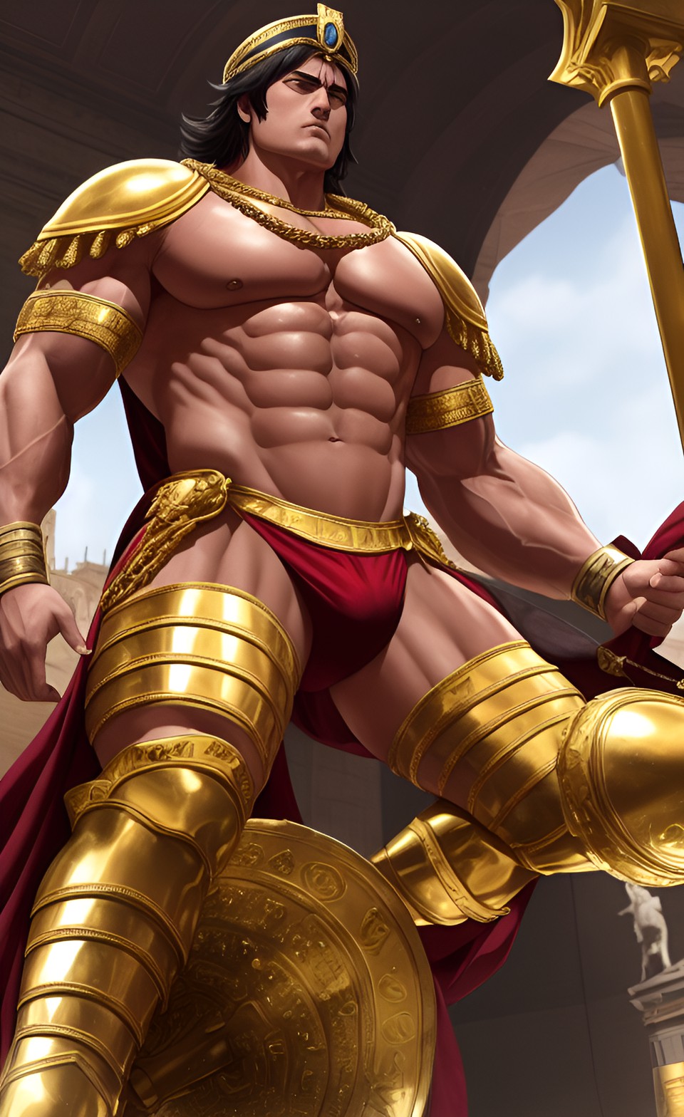 a muscular rome emperor,golden spandex,huge buldge,helpless struggled preview