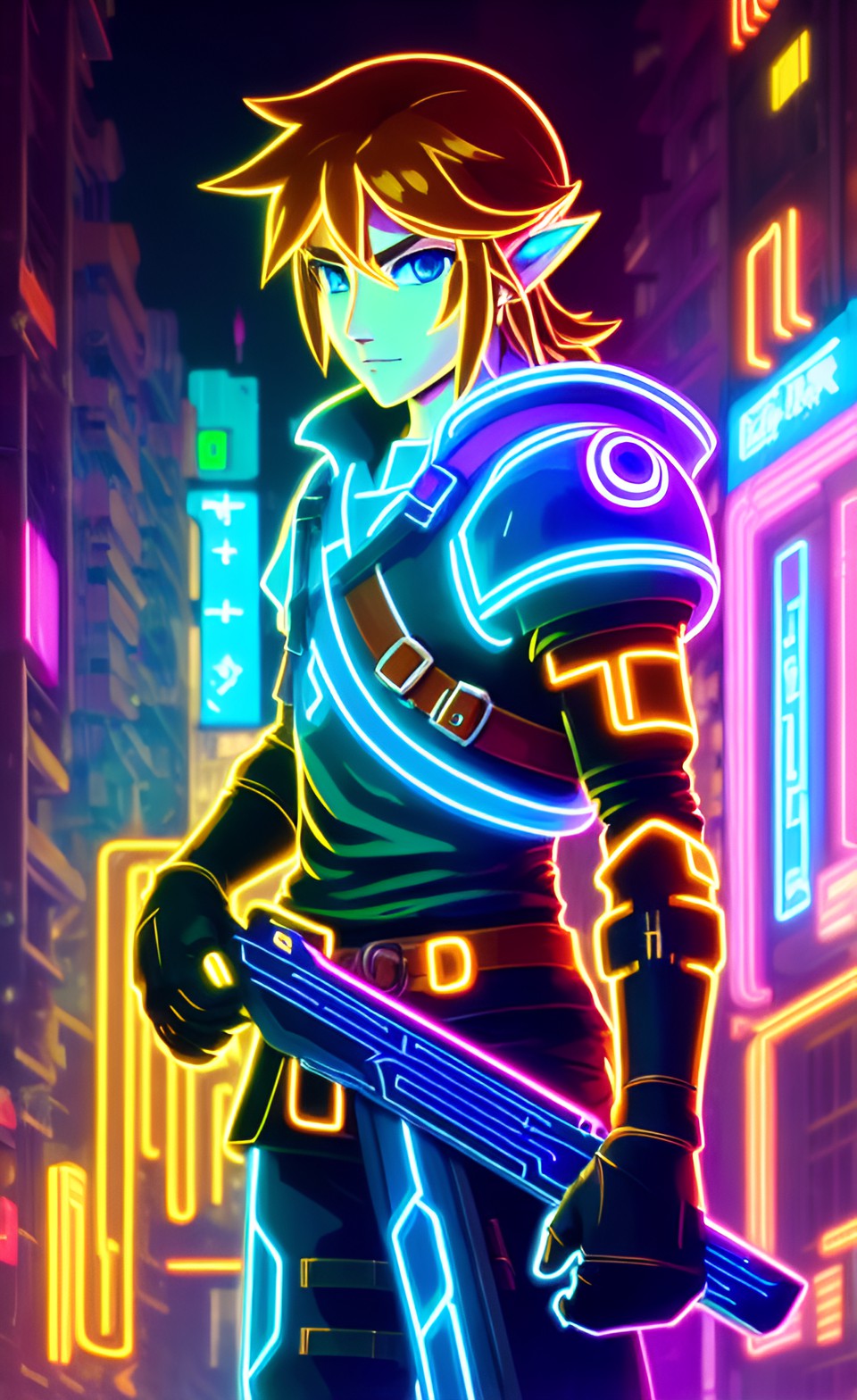 Neon Link - portrait of cyber-augmented link from the legend of zelda breath of the wild in a cyberpunk city, cyberpunk aesthetic, dystopian aesthetic, nighttime, neon lights preview