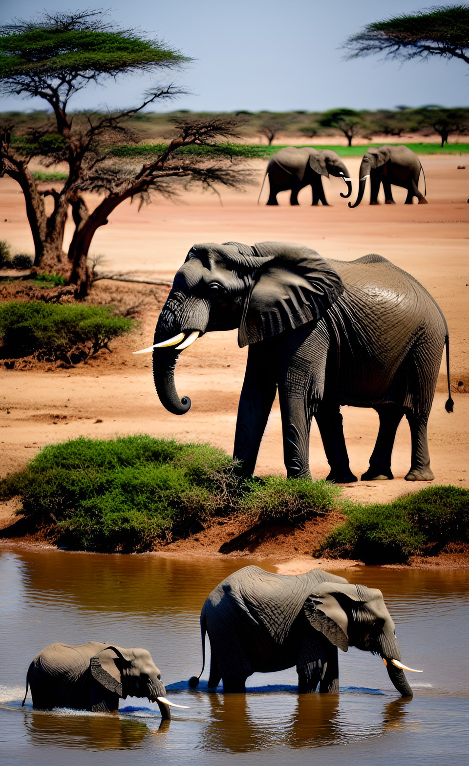 elephants bathing in a pond on the serengeti desert preview